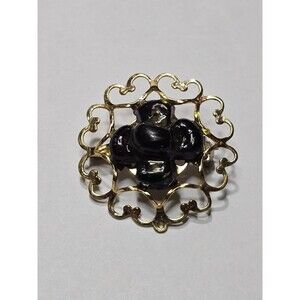 Vintage Gold Tone Brooch Pin With Black Stones